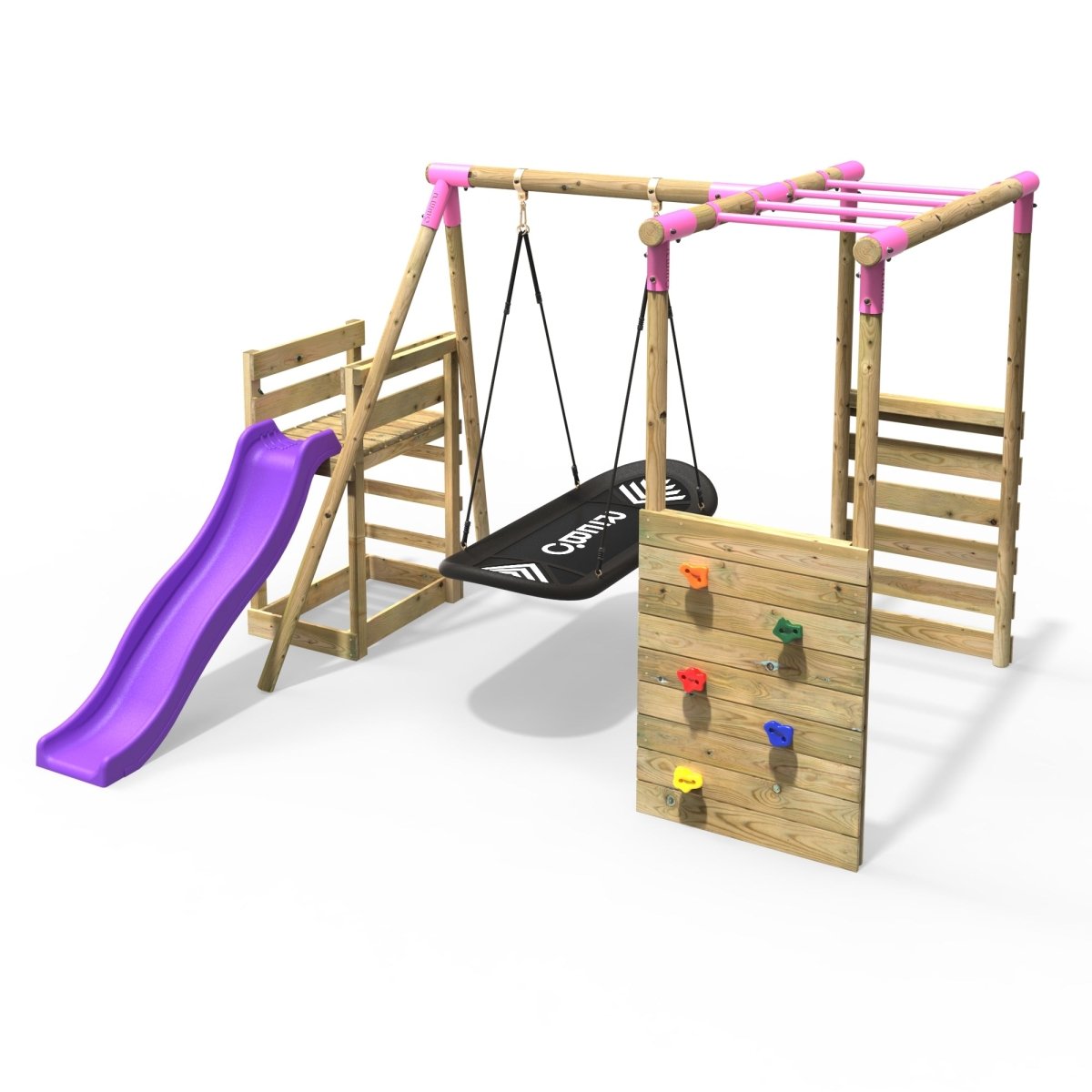 Rebo Wooden Swing Set with Monkey Bars plus Deck & 6ft Slide - Boat Pink