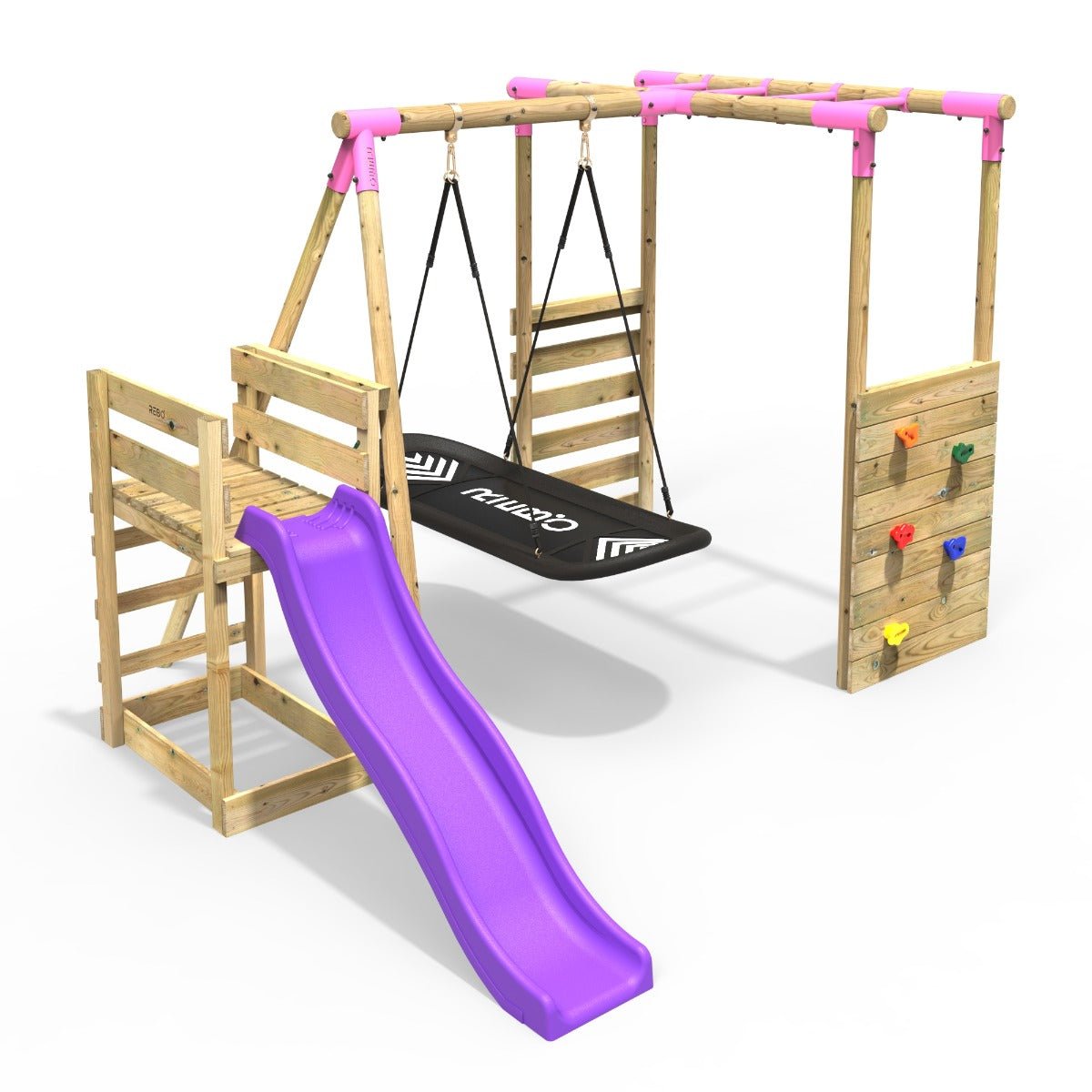 Rebo Boat Pink Swing Set with Monkey Bars plus Deck & Slide