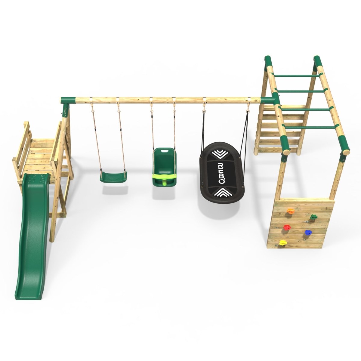 Rebo Halley Green Swings w/ Monkey Bars, Deck & 6ft Slide
