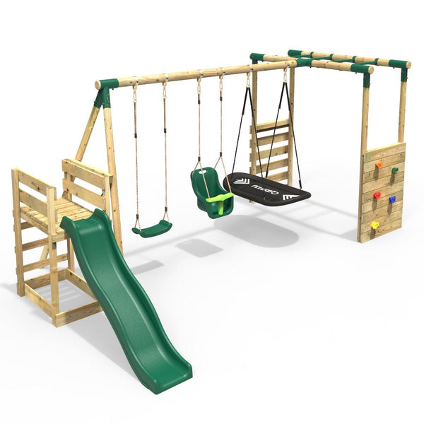 Rebo Wooden Swing Set with Monkey Bars plus Deck & 6ft Slide - Halley Green