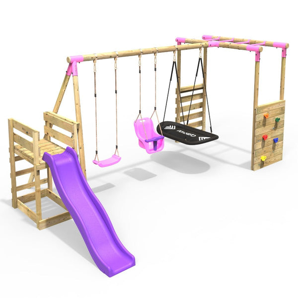 Rebo Wooden Swing Set with Monkey Bars plus Deck & 6ft Slide - Halley Pink