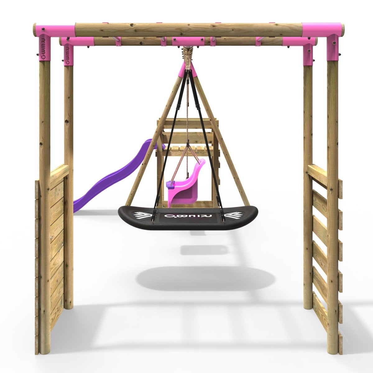 Rebo Wooden Swing Set with Monkey Bars plus Deck & 6ft Slide - Halley Pink
