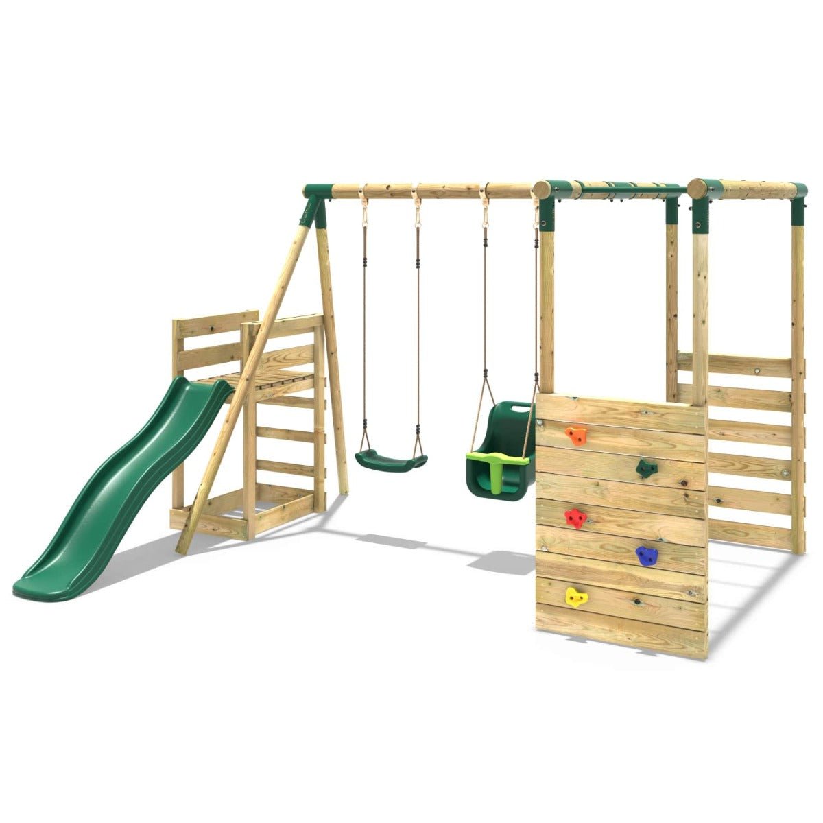 Rebo Wooden Swing Set with Monkey Bars plus Deck & 6ft Slide - Luna Green