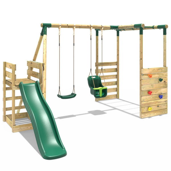 Rebo Wooden Swing Set with Monkey Bars plus Deck & 6ft Slide - Luna Green