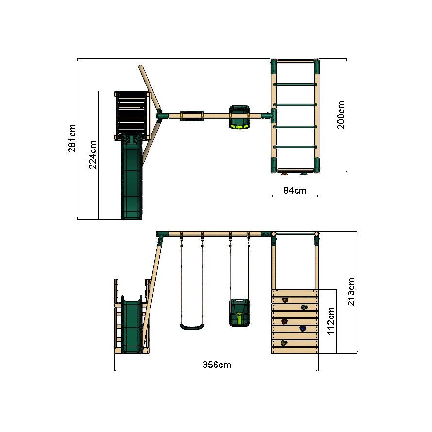 Rebo Wooden Swing Set with Monkey Bars plus Deck & 6ft Slide - Luna Green