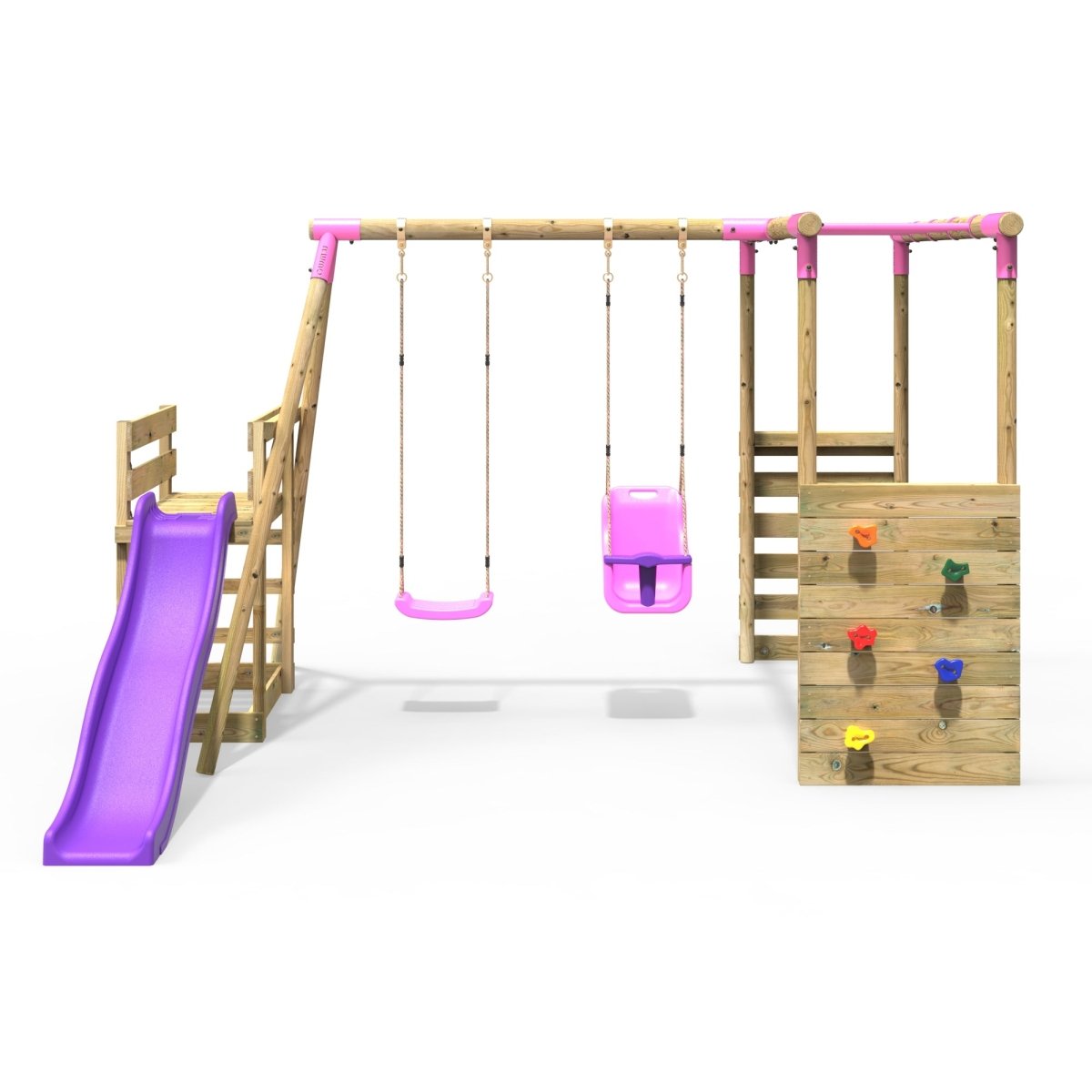 Rebo Wooden Swing Set with Monkey Bars plus Deck & 6ft Slide - Luna Pink