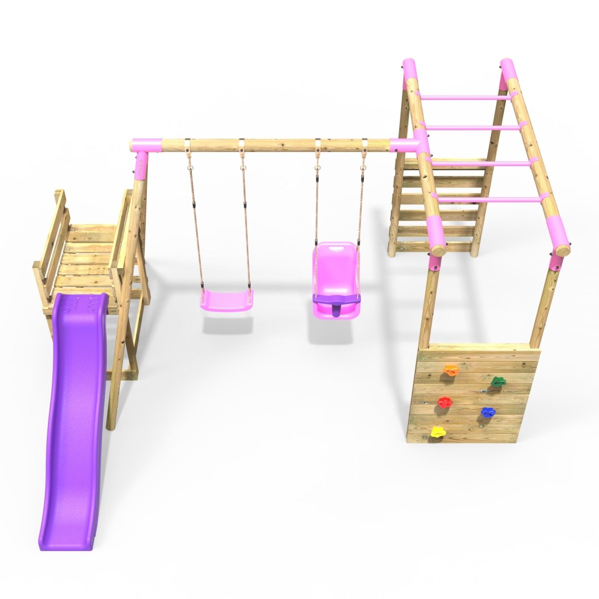 Rebo Wooden Swing Set with Monkey Bars plus Deck & 6ft Slide - Luna Pink