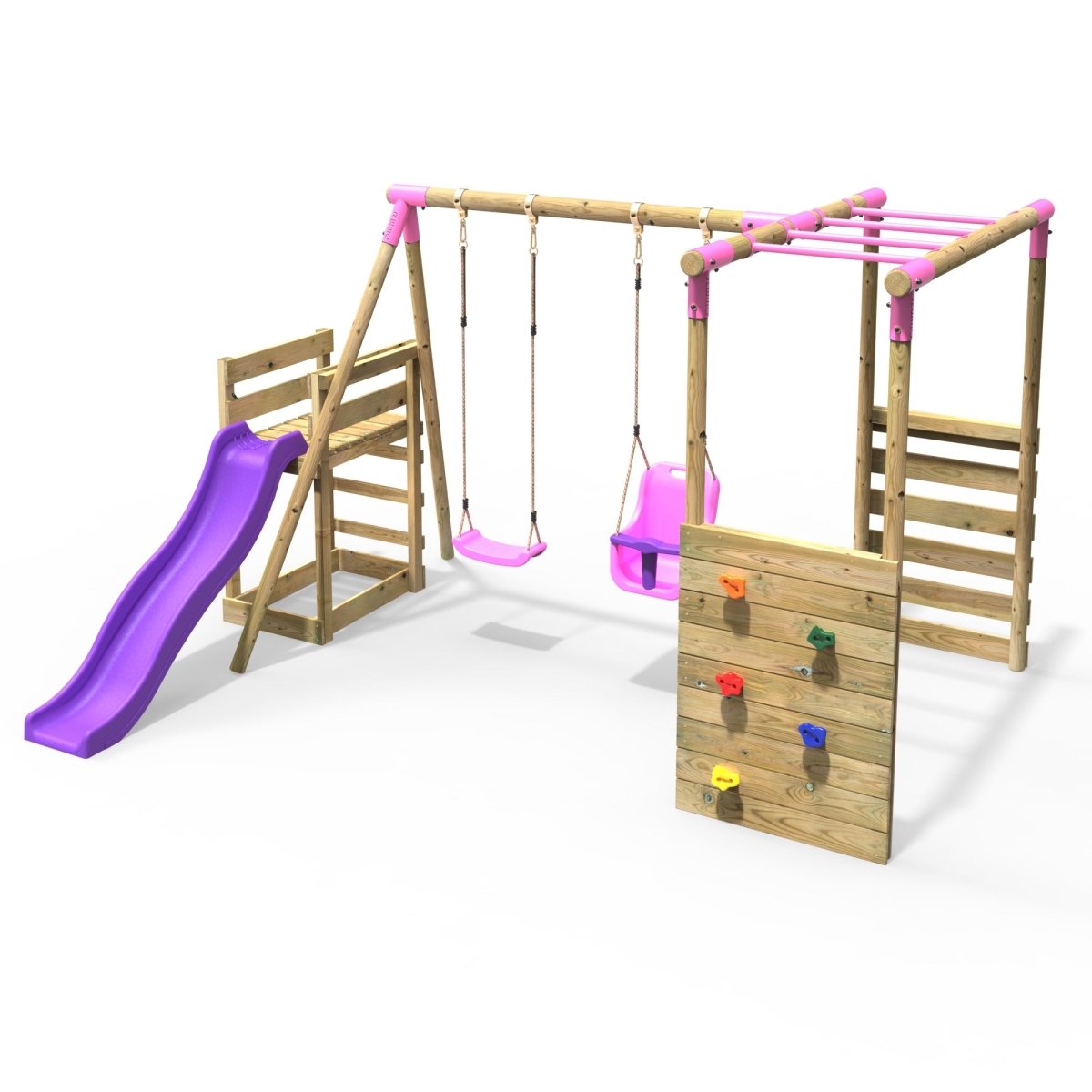 Rebo Wooden Swing Set with Monkey Bars plus Deck & 6ft Slide - Luna Pink