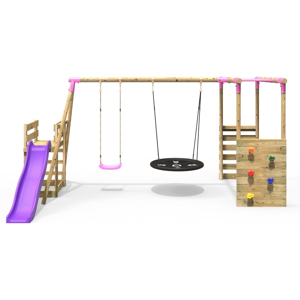Rebo Meteorite Pink Wooden Swing Set with Monkey Bars & 6ft Slide