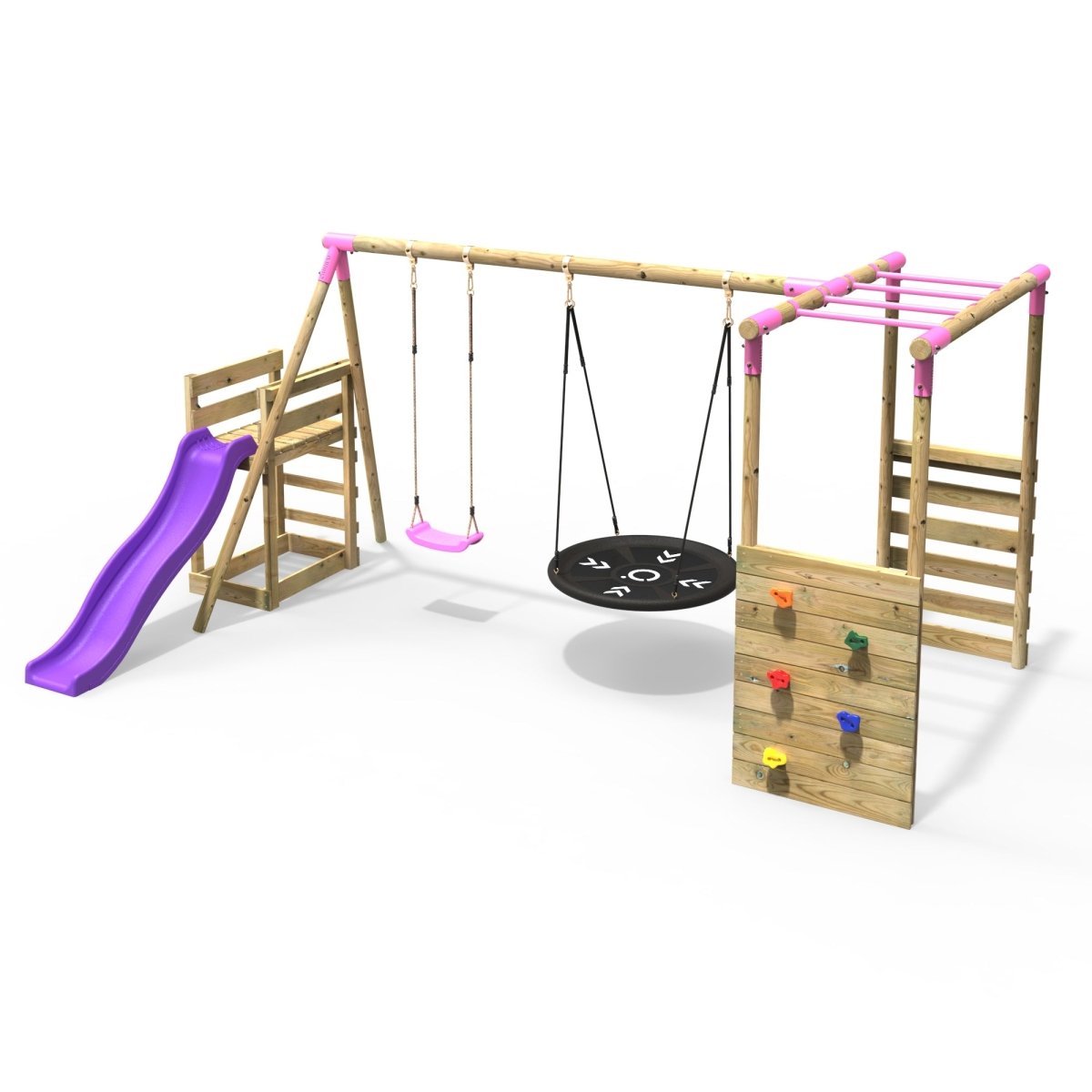Rebo Meteorite Pink Wooden Swing Set with Monkey Bars & 6ft Slide
