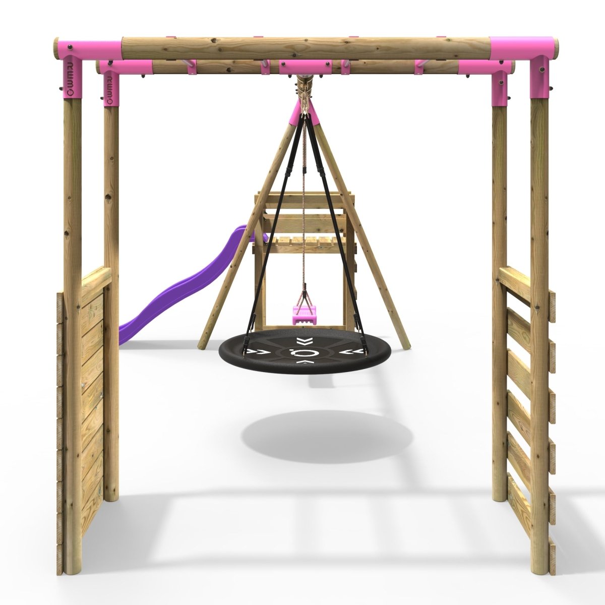 Rebo Meteorite Pink Wooden Swing Set with Monkey Bars & 6ft Slide