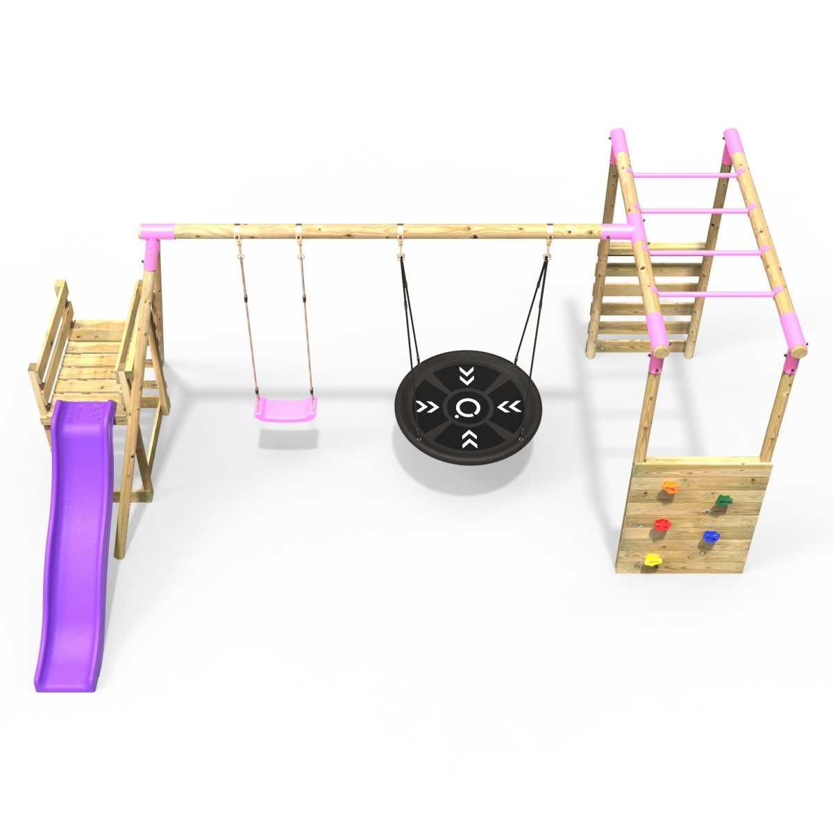 Rebo Meteorite Pink Wooden Swing Set with Monkey Bars & 6ft Slide