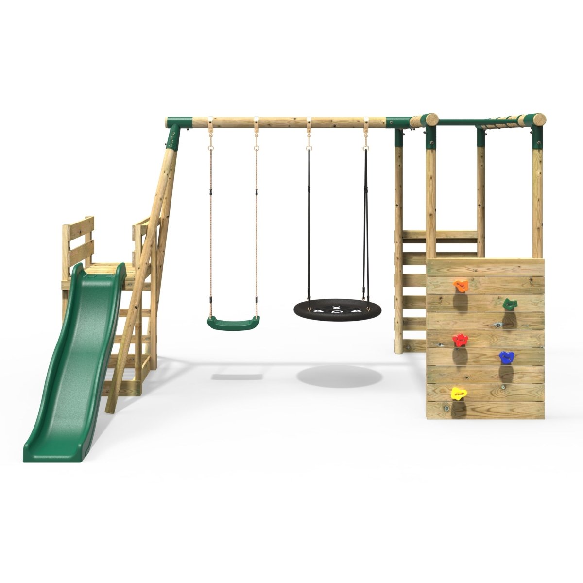 Rebo Wooden Swing Set with Monkey Bars plus Deck & 6ft Slide - Satellite Green