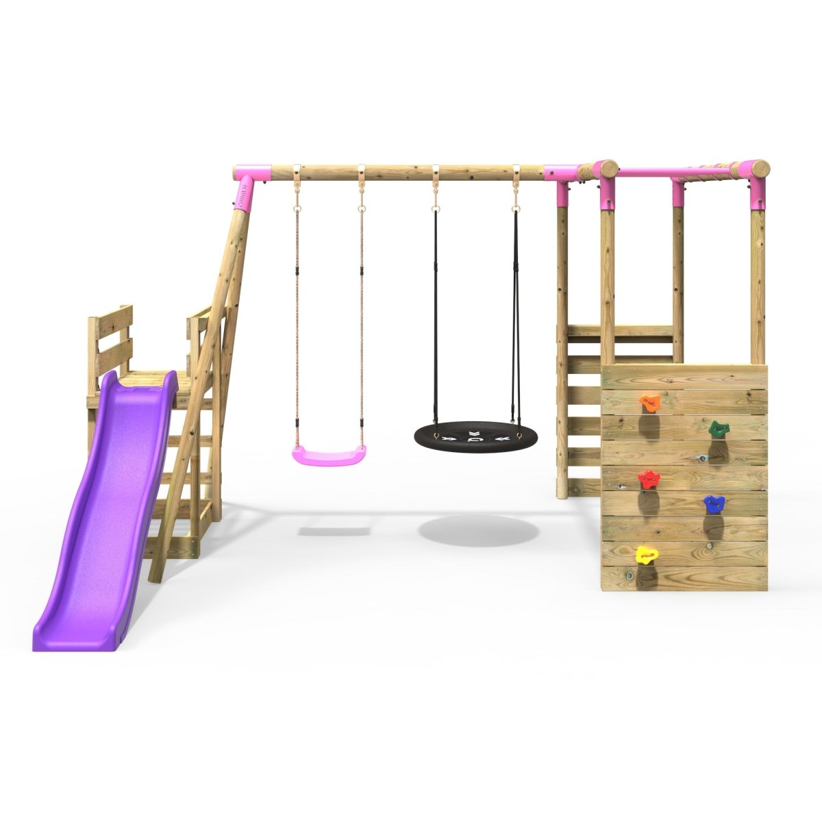 Rebo Wooden Swing Set with Monkey Bars plus Deck & 6ft Slide - Satellite Pink