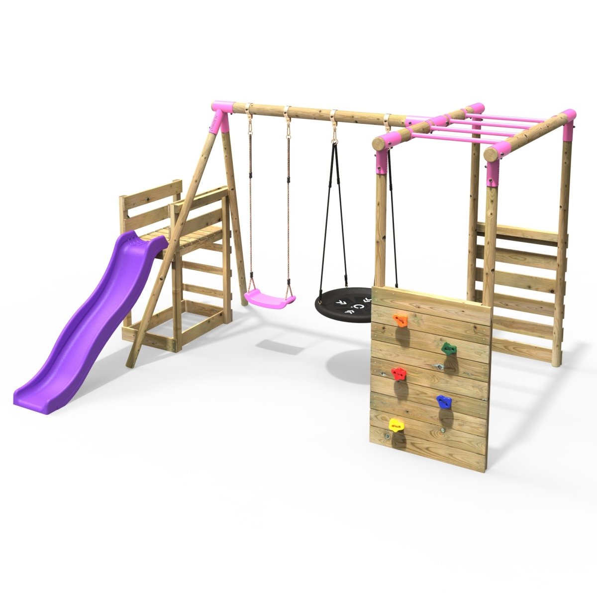 Rebo Wooden Swing Set with Monkey Bars plus Deck & 6ft Slide - Satellite Pink