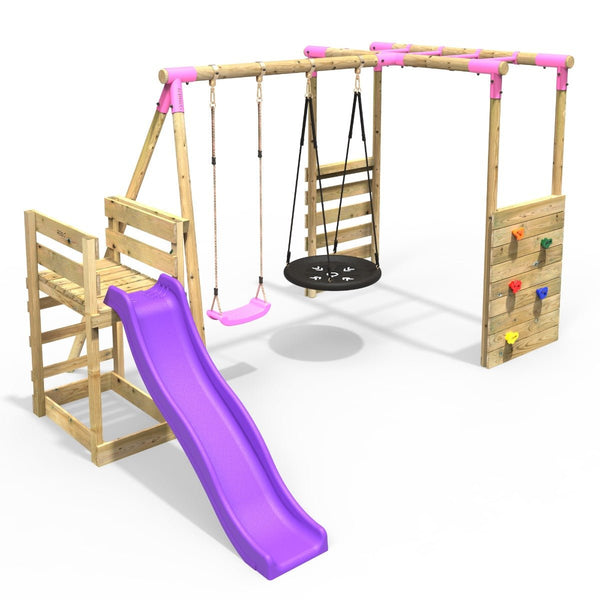 Rebo Wooden Swing Set with Monkey Bars plus Deck & 6ft Slide - Satellite Pink