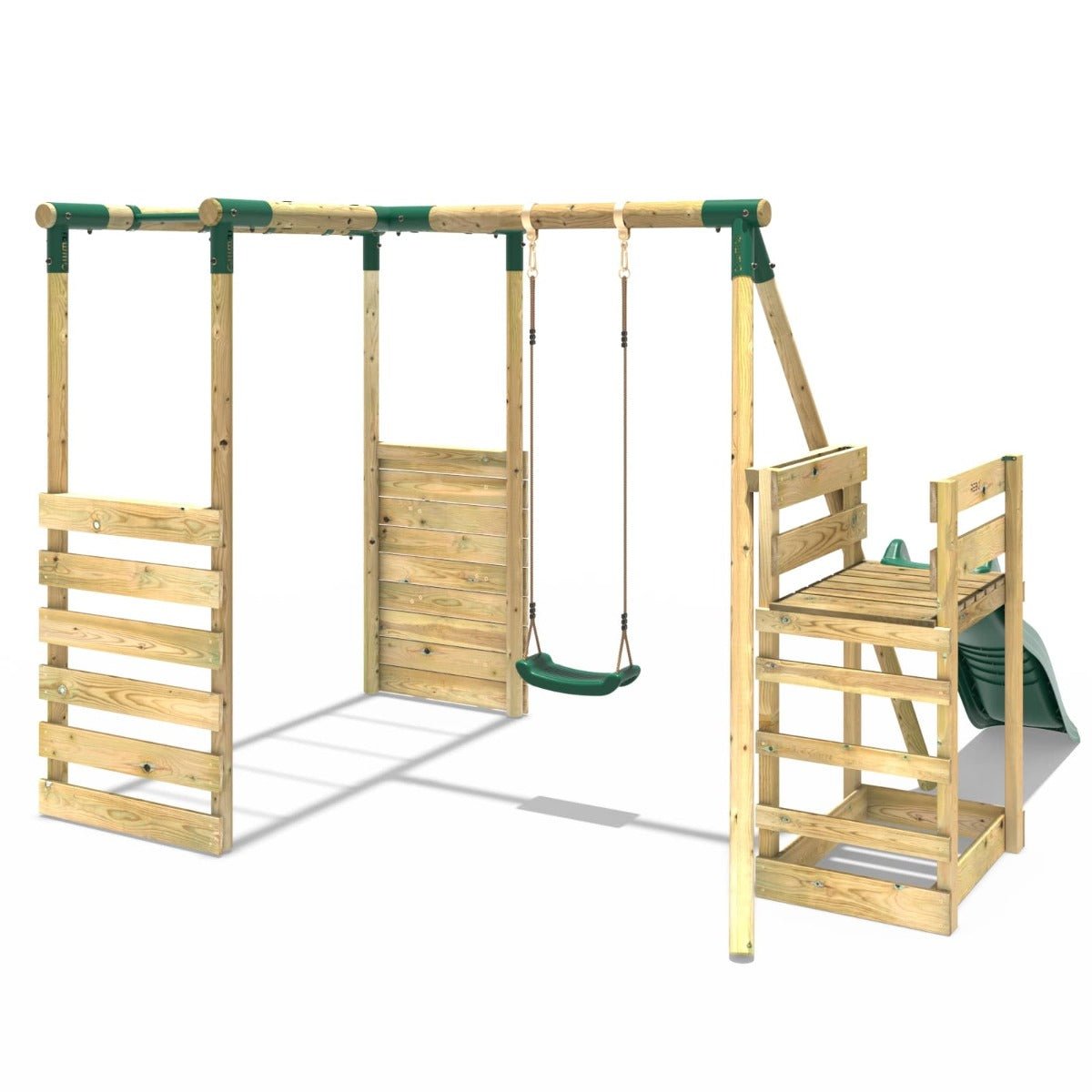 Rebo Solar Green Wooden Swings w/ Monkey Bars & 6FT Slide