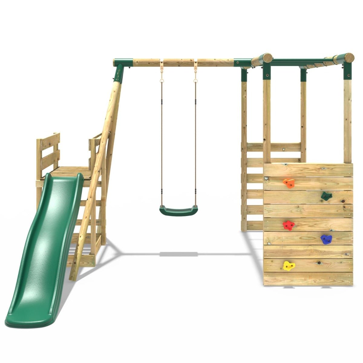 Rebo Solar Green Wooden Swings w/ Monkey Bars & 6FT Slide
