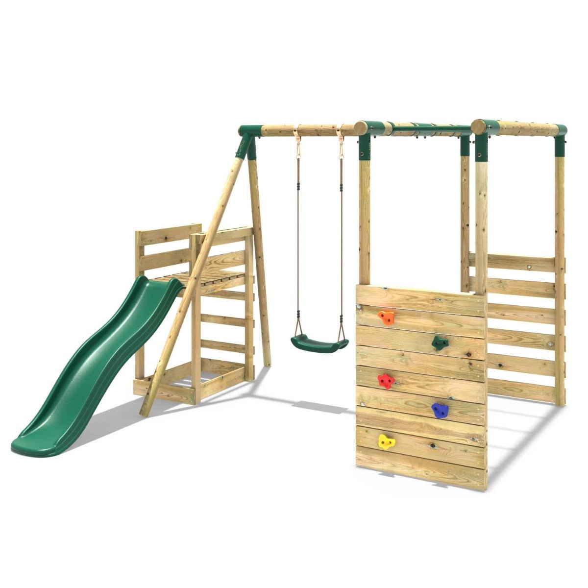 Rebo Wooden Swing Set with Monkey Bars plus Deck & 6ft Slide - Solar Green