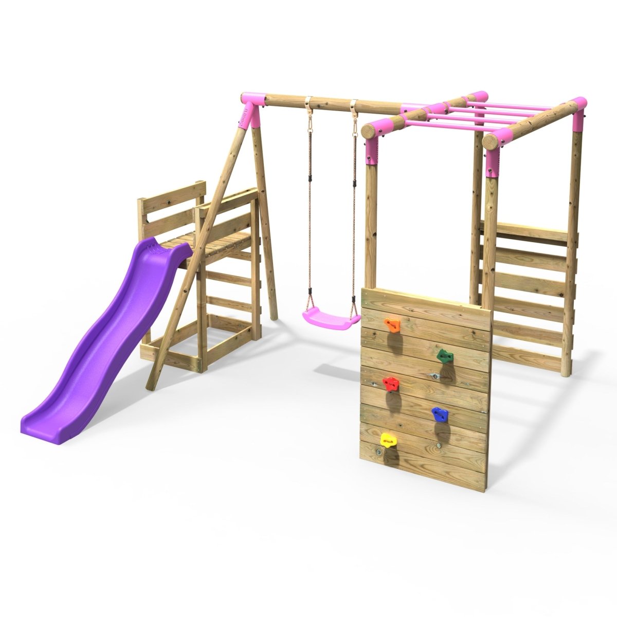 Rebo Wooden Swing Set with Monkey Bars plus Deck & 6ft Slide - Solar Pink
