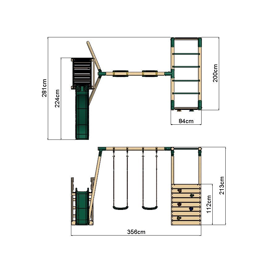 Rebo Wooden Swing Set with Monkey Bars plus Deck & 6ft Slide - Venus Green