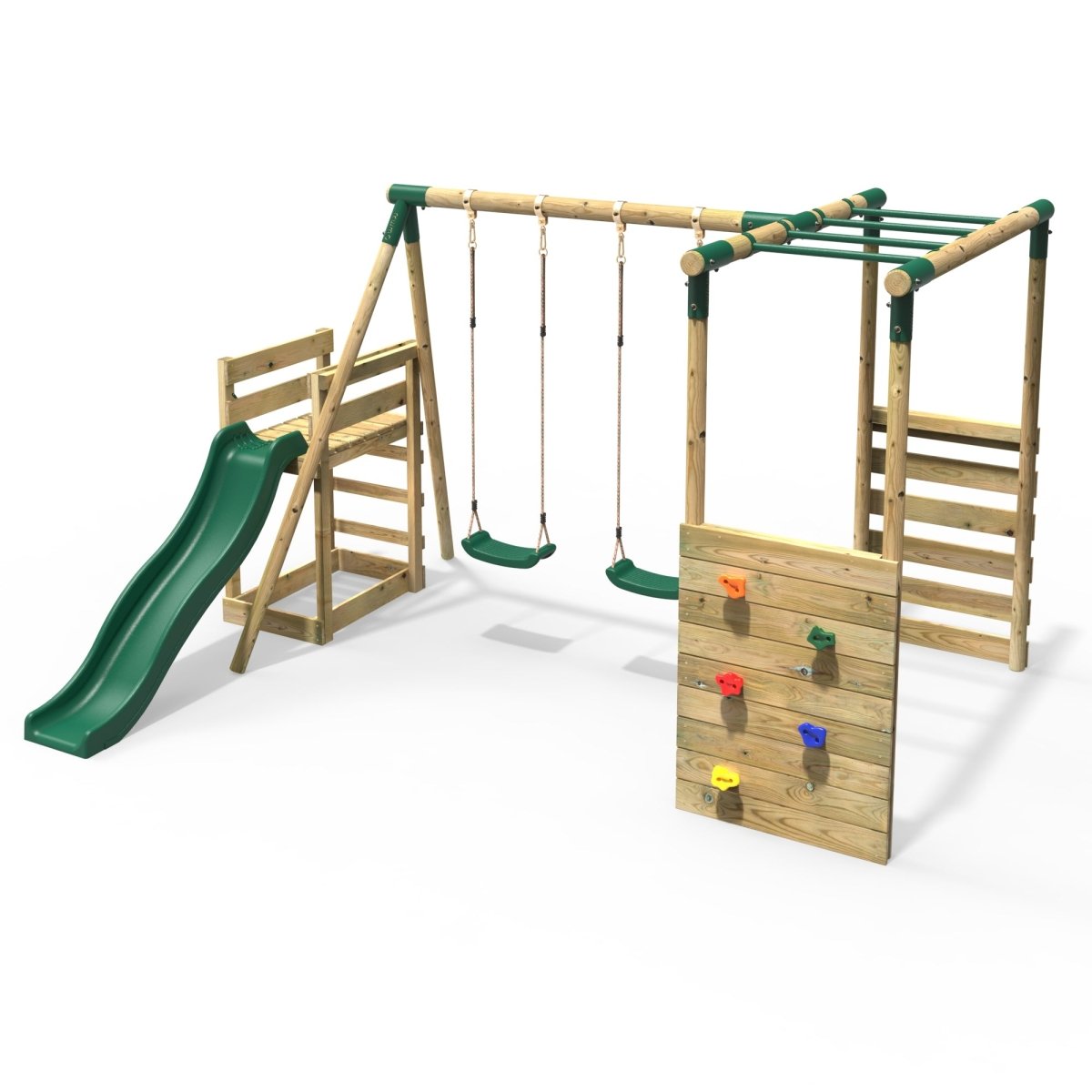 Rebo Venus Green Wooden Swings w/ Monkey Bars & 6FT Slide