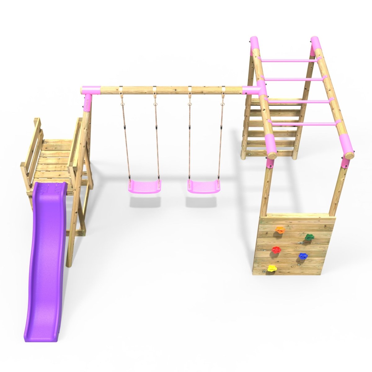 Rebo Venus Pink Wooden Swings w/ Monkey Bars & 6FT Slide