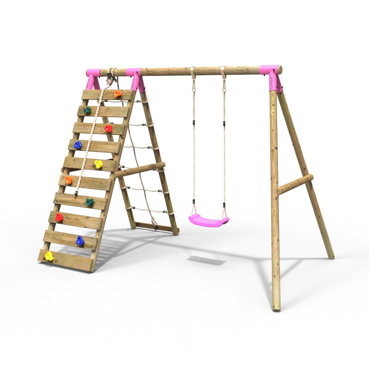 Rebo Wooden Swing Set with Up and Over Climbing Wall - Aria Pink