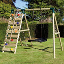 Rebo Wooden Swing Set with Up and Over Climbing Wall - Eden Green