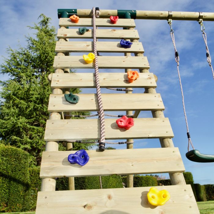 Rebo Wooden Swing Set with Up and Over Climbing Wall - Eden Pink