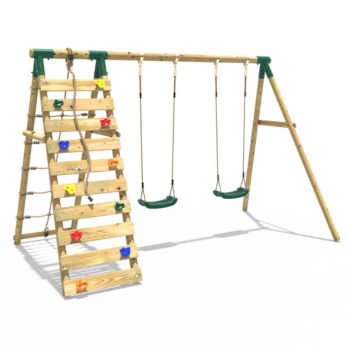 Rebo Wooden Swing Set with Up and Over Climbing Wall - Ela Green