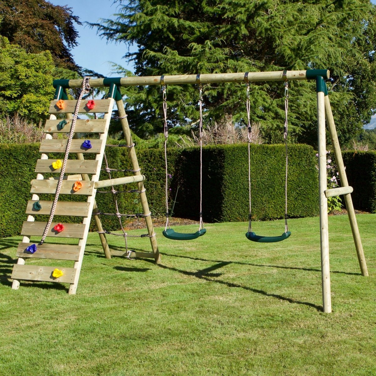 Rebo Wooden Swing Set with Up and Over Climbing Wall - Ela Green