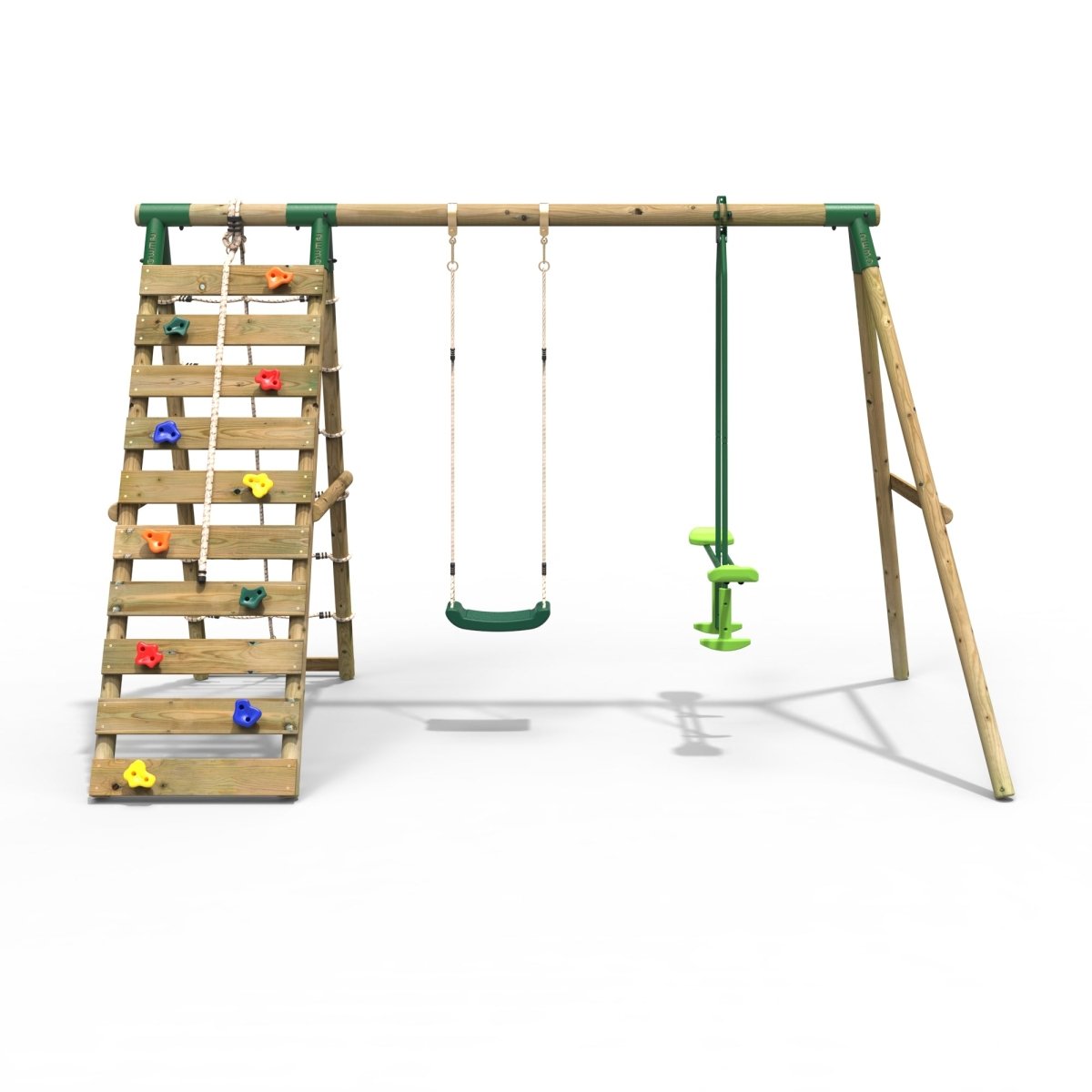Rebo Wooden Swing Set with Up and Over Climbing Wall - Isla Green