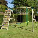 Rebo Wooden Swing Set with Up and Over Climbing Wall - Isla Green