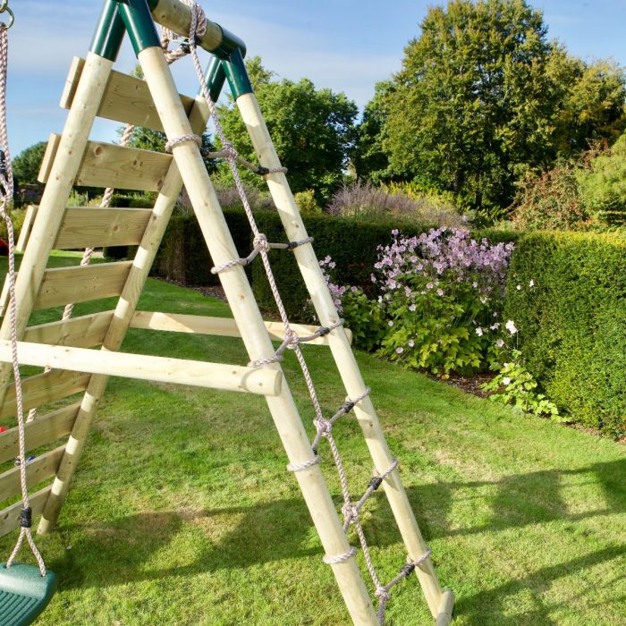 Rebo Wooden Swing Set with Up and Over Climbing Wall - Kai Green