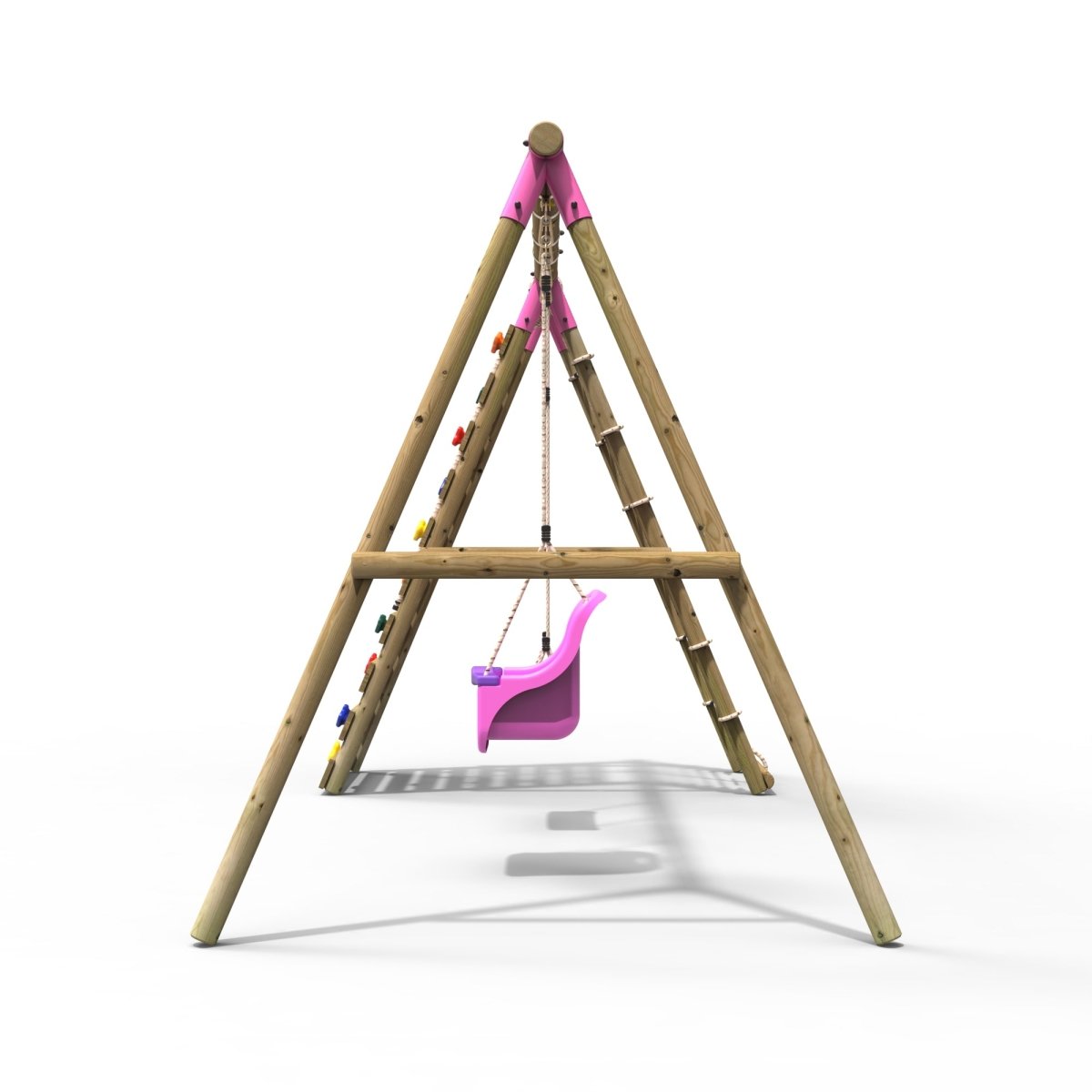 Rebo Wooden Swing Set with Up and Over Climbing Wall - Kai Pink