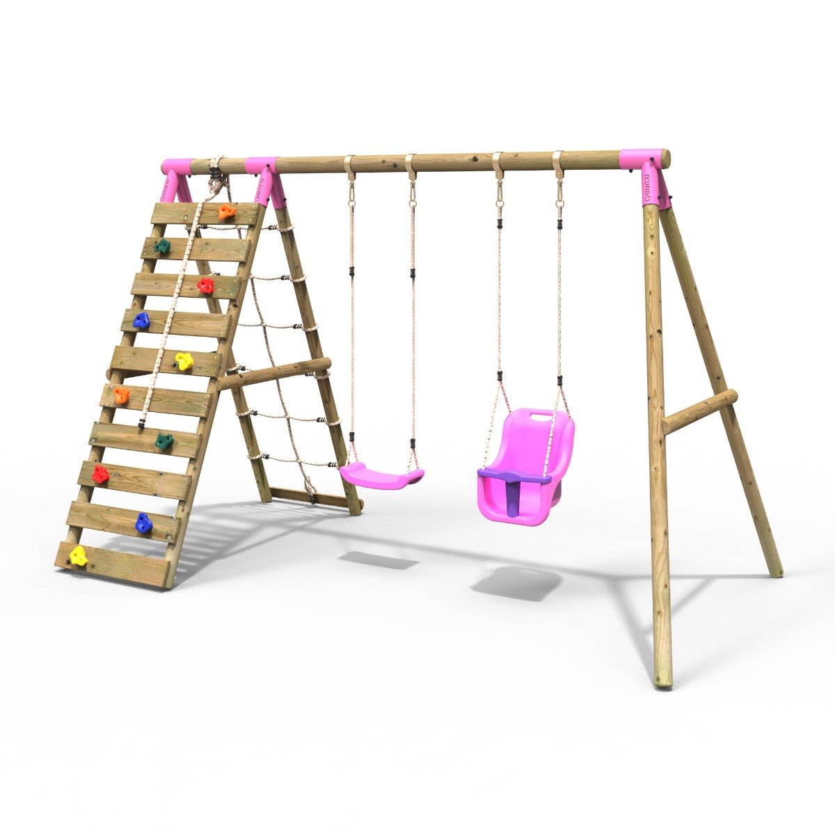 Rebo Wooden Swing Set with Up and Over Climbing Wall - Kai Pink