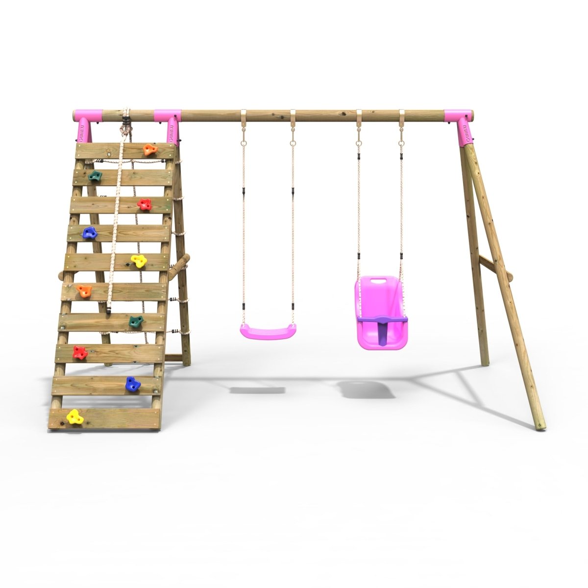 Rebo Wooden Swing Set with Up and Over Climbing Wall - Kai Pink