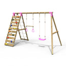 Rebo Wooden Swing Set with Up and Over Climbing Wall - Savannah Pink