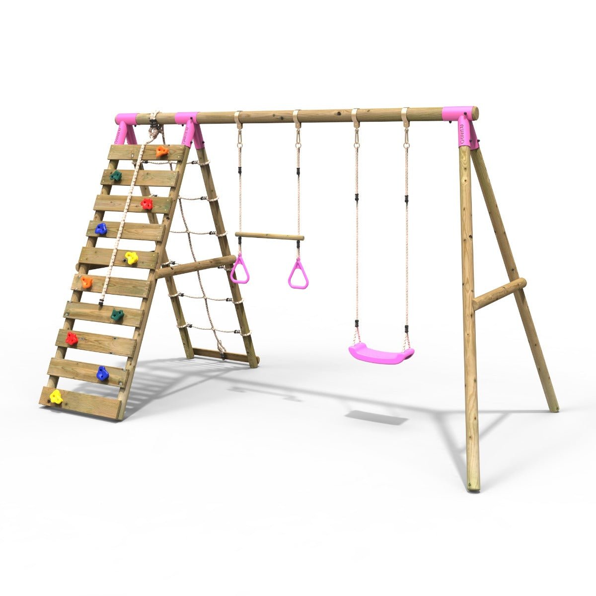 Rebo Wooden Swing Set with Up and Over Climbing Wall - Savannah Pink