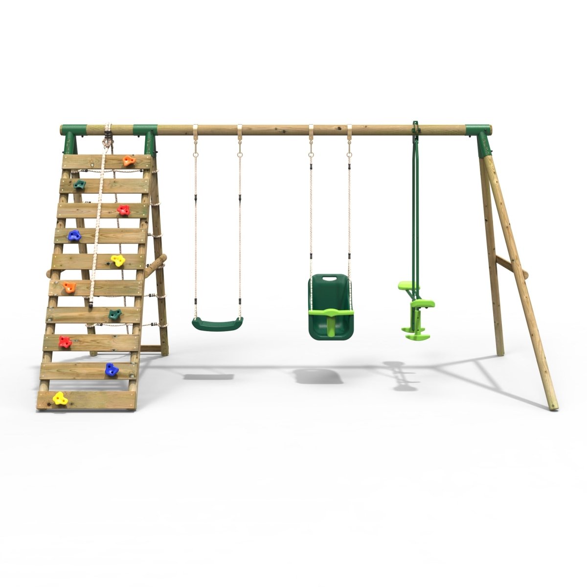 Rebo Wooden Swing Set with Up and Over Climbing Wall - Sienna Green