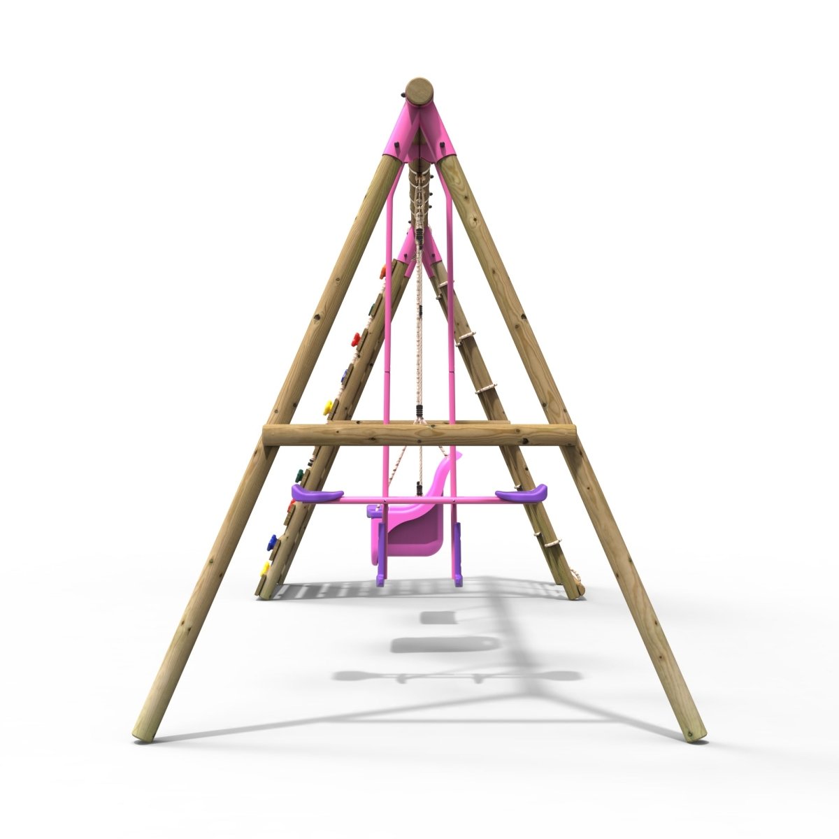 Rebo Wooden Swing Set with Up and Over Climbing Wall - Sienna Pink