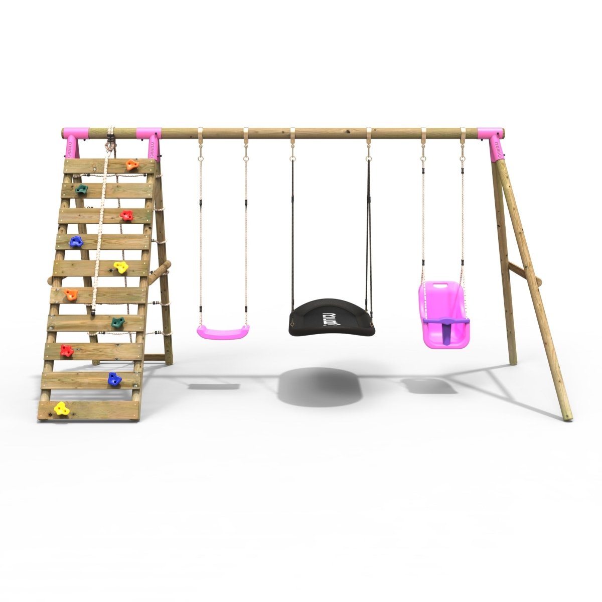 Rebo Wooden Swing Set with Up and Over Climbing Wall - Skye Pink