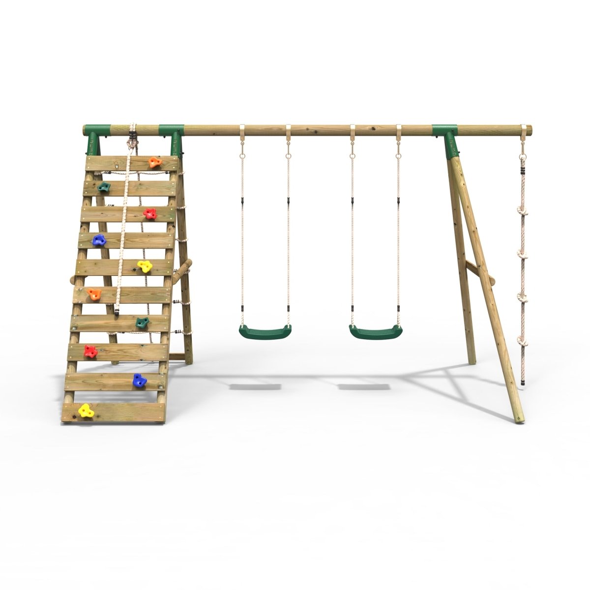 Rebo Wooden Swing Set with Up and Over Climbing Wall - Terra Green