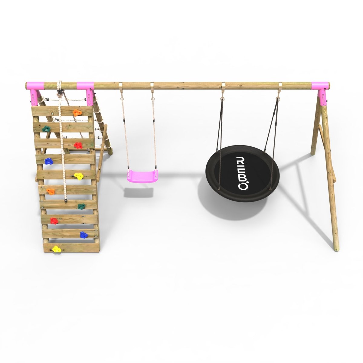 Rebo Wooden Swing Set with Up and Over Climbing Wall - Vale Pink